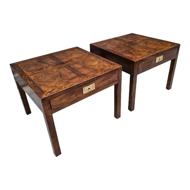 Pair of Mid 20th Century Henredon Parquetry Top Burl Walnut Campaign End Tables For Sale
