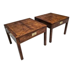 Pair of Mid 20th Century Henredon Parquetry Top Burl Walnut Campaign End Tables