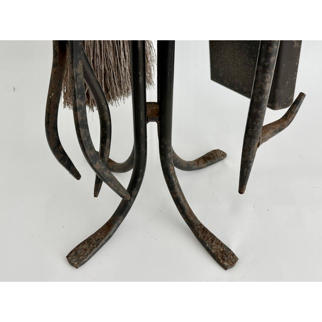 Vintage Primitive Hand-Forged Wrought Iron Pilgrim Fireplace Tool Set - 5 Pieces For Sale - Image 4 of 11