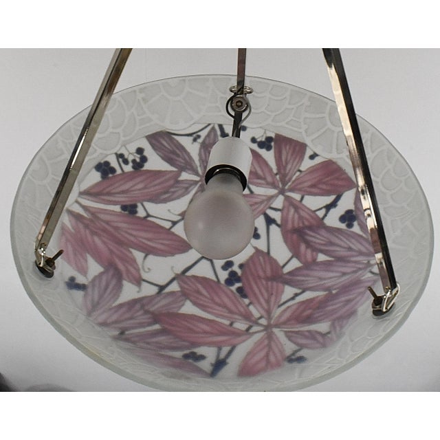 Rose Loys Lucha French Art Deco Pendant Light 1930s - Enameled Pink Foliage Bowl For Sale - Image 8 of 11