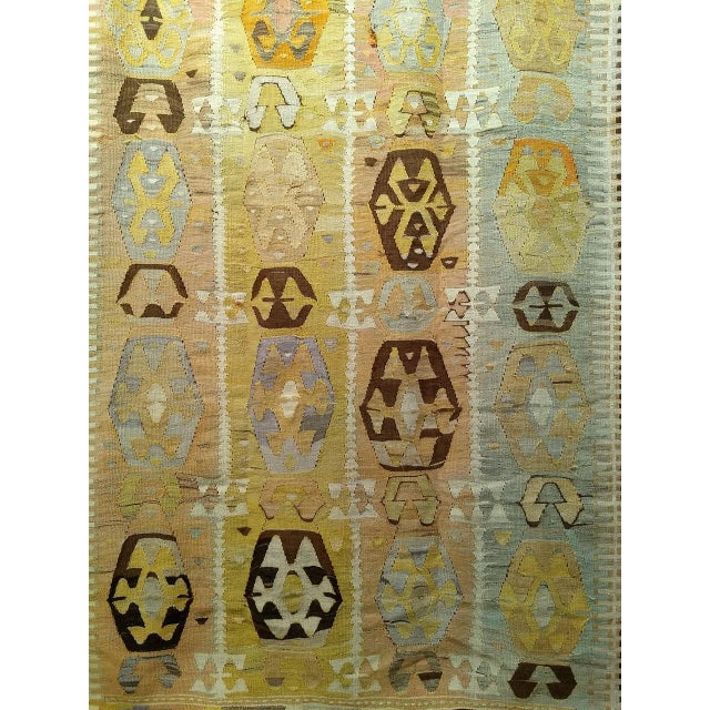 Mustard Vintage Anatolian Kilim Area Rug, Hand-Woven Wool, Geometric Design,Tan & Pale Green, 5x10 For Sale - Image 8 of 14