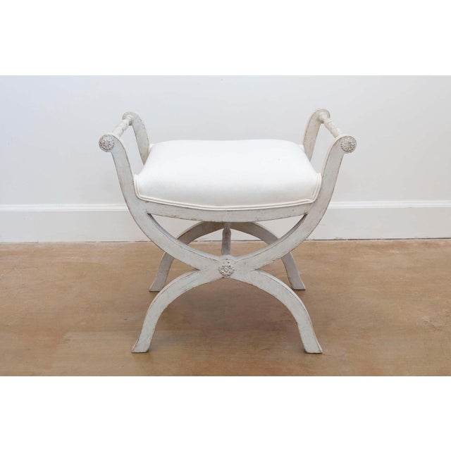 Wood Swedish 1830s Empire Style Painted and Upholstered Stool with Spindle Arms For Sale - Image 7 of 9