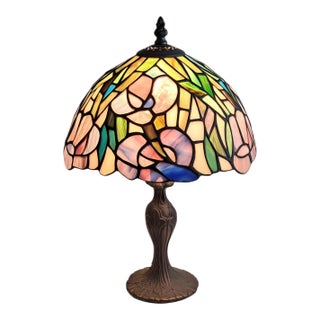 Vintage 1970/80s Tiffany Style-Stained Glass Pansy Table Lamp Bronze Base 16" H For Sale
