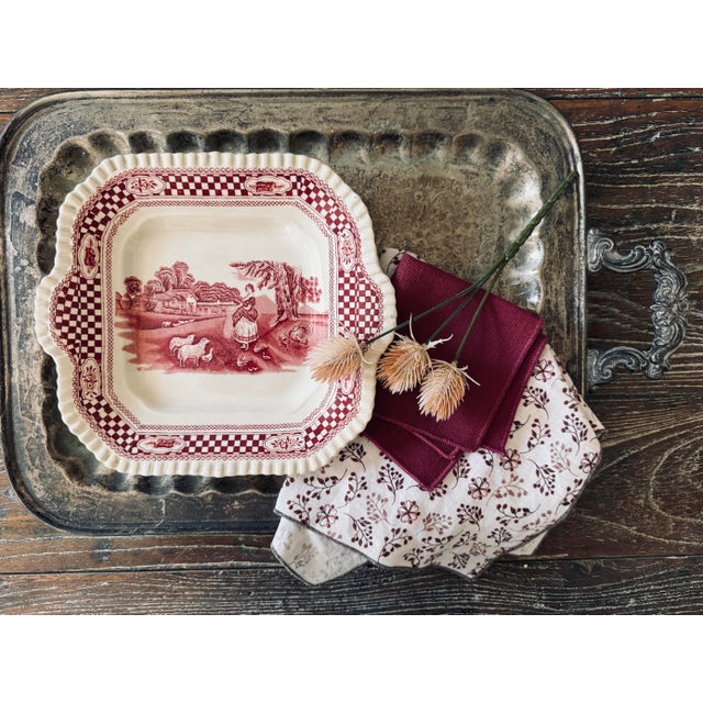 A beautiful antique W. Adams & Sons red transferware handled cake plate or serving dish, featuring a detailed pastoral...