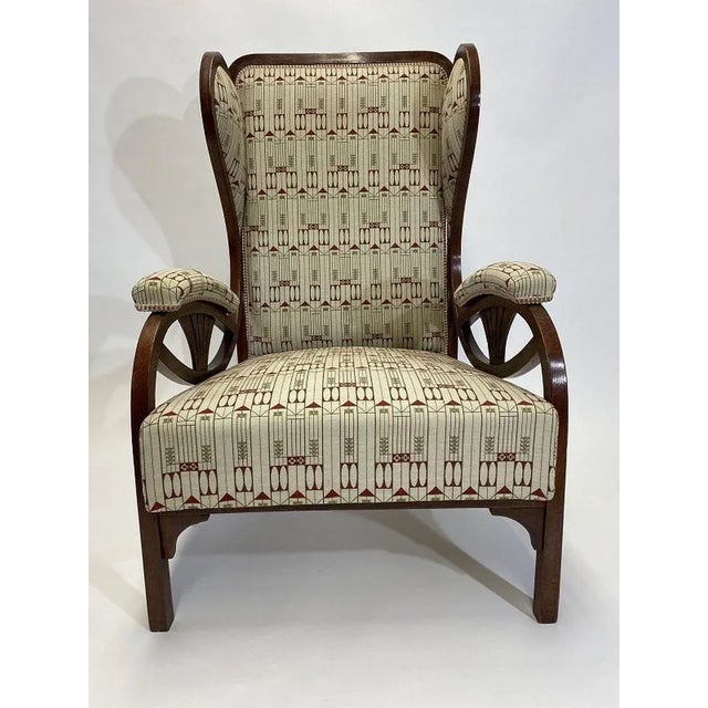 Art nouveau wing chair no.6542 by Thonet in excellent condition, backhausen fabric. This piece is attributed to the...