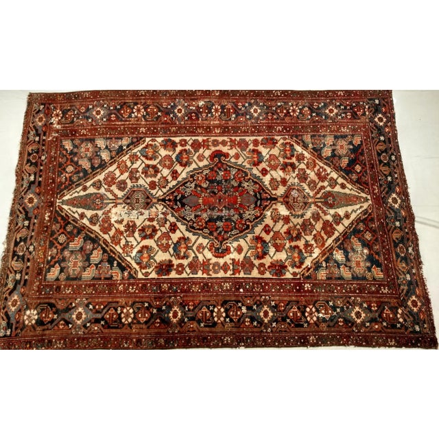 Antique Persian Malayer Rug, Handwoven Geometric Medallion Pattern, Ivory & Navy, 4’ X 6’ For Sale - Image 4 of 12