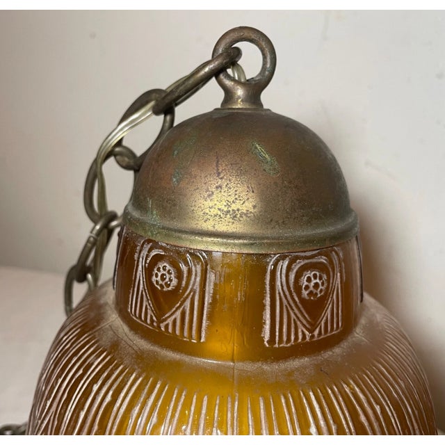 1940s Large Art Deco Cameo Amber Glass Brass Hanging Fixture Electric Chandelier For Sale In New York - Image 6 of 10