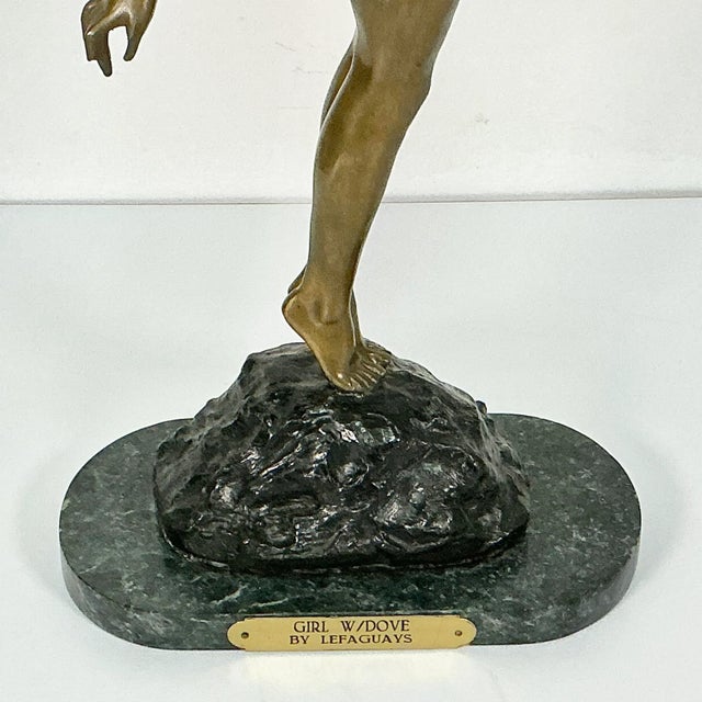 Vintage French Art Deco Pierre Le Faguays Bronze Nude Sculpture, Girl With Dove For Sale - Image 15 of 18