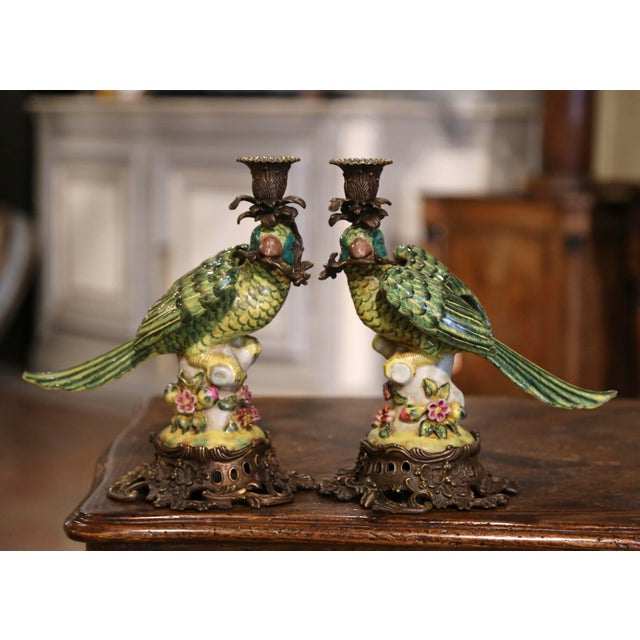 Early 20th Century Pair of Early 20th Century French Faience Parrot Candle Holders on Bronze Bases For Sale - Image 5 of 12