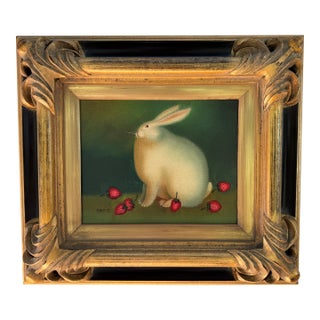 Vintage Framed Rabbit Painting Signed Harris – White Bunny With Strawberries For Sale