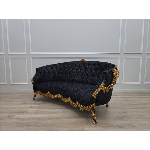 1950s 1950s Midnight Royale Tufted Sofa | Black & Gold Baroque Statement Couch | Victorian Glam Living Room Sofa For Sale - Image 5 of 11