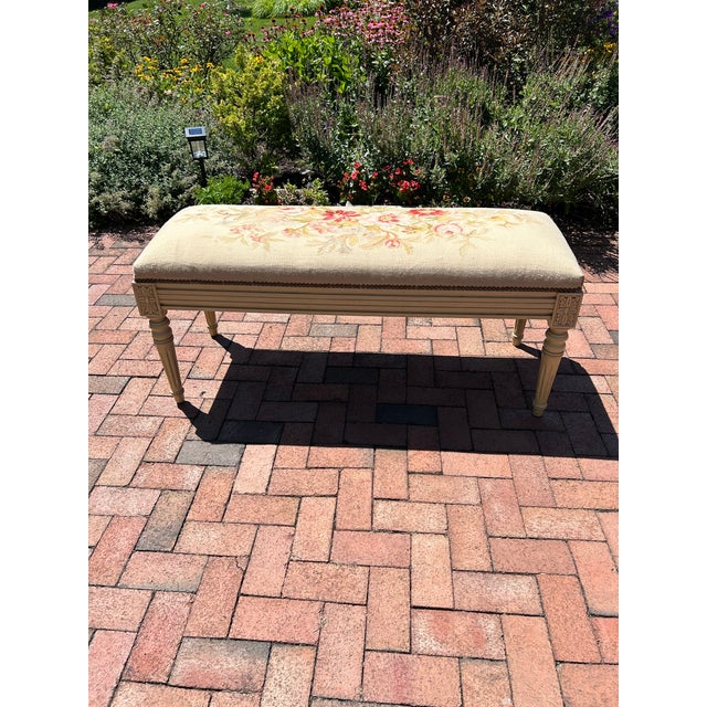 Pretty cream painted French style bench with floral tapestry top. Great at the foot of a bed. Charlotte Details Dimensions...
