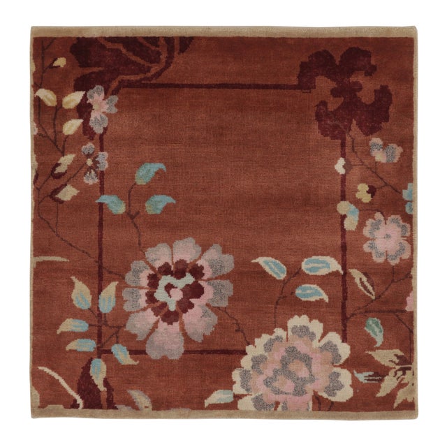 2010s Rug & Kilim’s Chinese Art Deco Inspired Square Rug, Vibrant Florals on Rust For Sale - Image 5 of 7