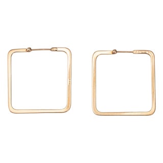 80s Vintage Square Hoop Earrings 1.25" 14k Gold Geometric Statement Jewelry, Pair For Sale