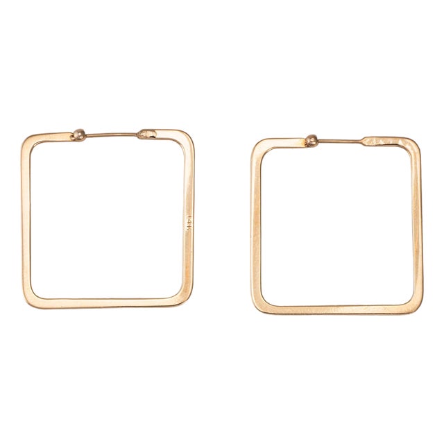 80s Vintage Square Hoop Earrings 1.25" 14k Gold Geometric Statement Jewelry, Pair For Sale