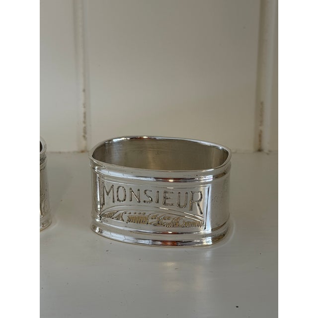 1920s Vintage Art Deco French Silverplate “Madame & Monsieur” Napkin Rings, Pair For Sale - Image 5 of 9