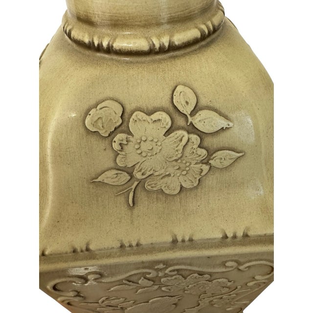 Mid 20th Century Chinoiserie Plaster Table Lamp Raised Bird Floral Relief Cream For Sale - Image 14 of 17