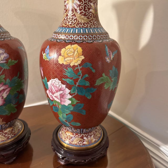 Vintage Red Cloisonné Floral Vases on Stand ~ a Pair For Sale - Image 10 of 12