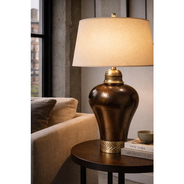 Vintage Hammered Bronze Table Lamp With Chevron Nickel Band & Linen Shade – Sculptural Designer Style – 34” For Sale - Image 11 of 12