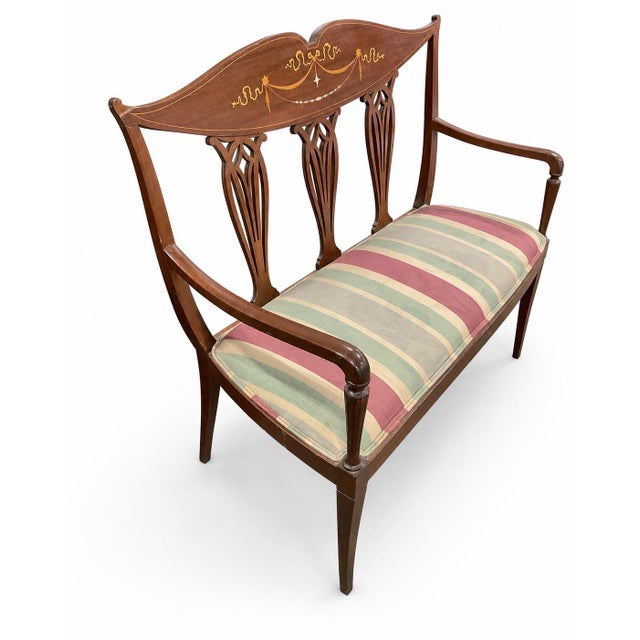 Late 20th Century Antique Edwardian Settee With Wood and Mother-of-Pearl Inlay For Sale - Image 5 of 8