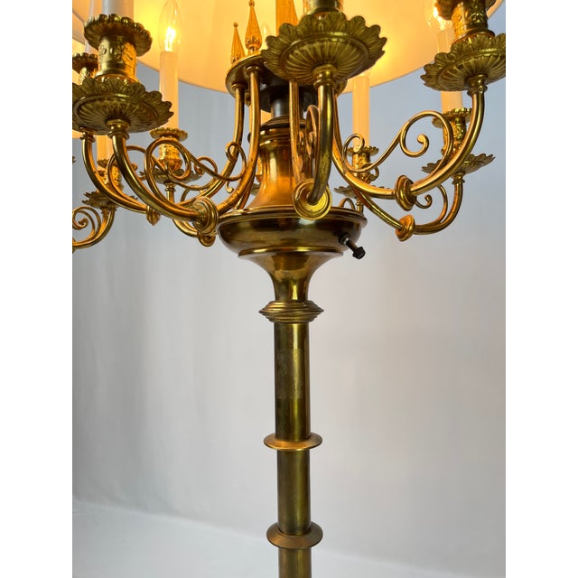 Mid 20th Century Neoclassical 10-Light Brass Candelabra Floor Lamps With Shades - a Pair For Sale - Image 15 of 17