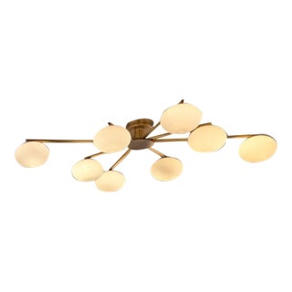 Imperial Eight Light Aged Brass and Opal Flush Pendant For Sale
