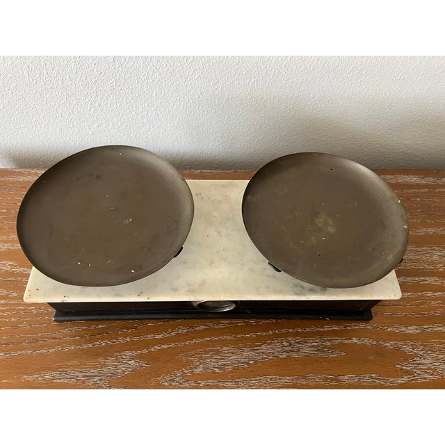 Antique French Bruyat Lyon Marble Top Kitchen & Culinary Balance Scale Ebonized Base and Brass Pans For Sale - Image 11 of 12