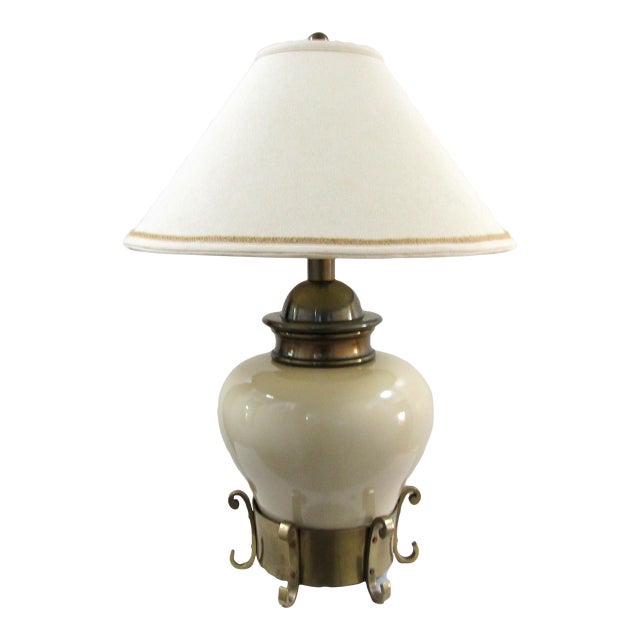 1979 Chapman Chinoiserie Cream Ceramic and Brass Table Lamp and Linen Shade For Sale