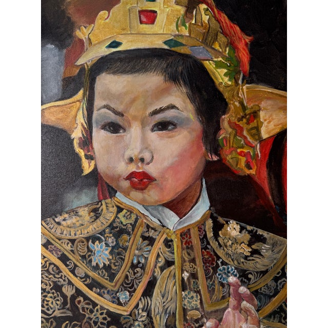 Mid-Century Modern Vintage Haruko Japanese Girl Portrait Oil on Canvas Painting, Wood Framed For Sale - Image 3 of 10