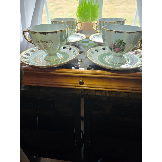1920sImperial Czechoslovakia Iridescent Lusterware Tea Cup and Saucer Set - Set of 4 For Sale - Image 4 of 8