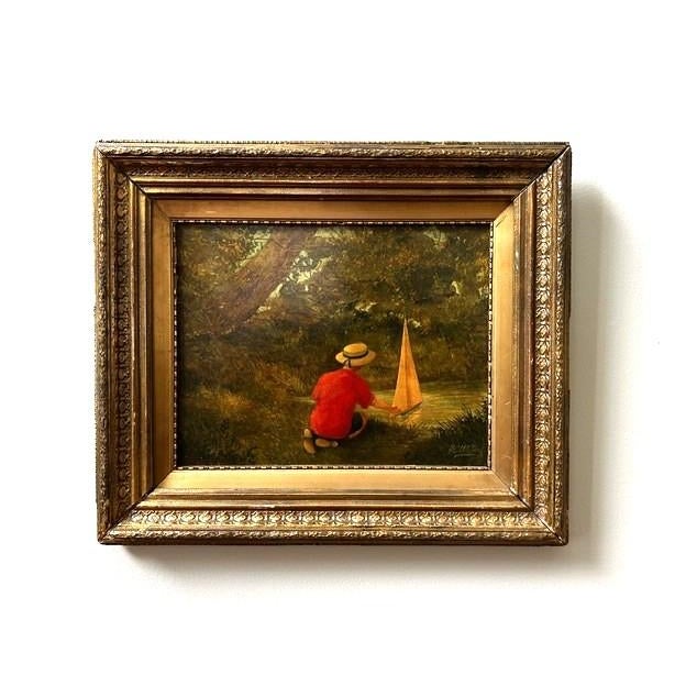 Antique Oil Painting, Boy With Sailboat, Signed For Sale - Image 13 of 13