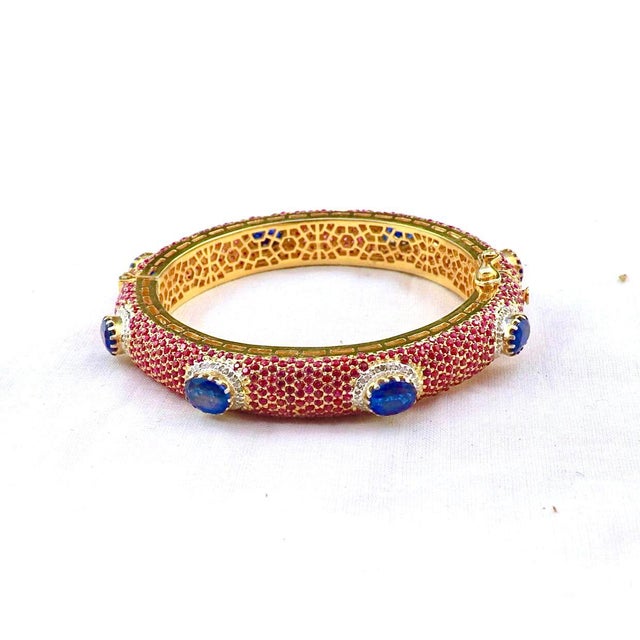 Bochic “Capri” Vintage Natural Ruby, Sapphire & Diamond Bangle Set In 18K Gold & Silver Natural Blue Sapphires - 15 Carat...