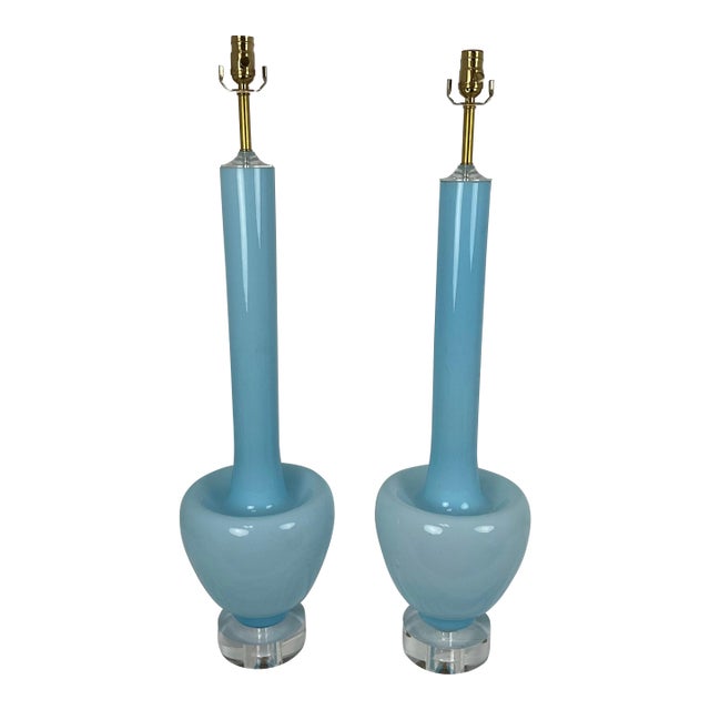 Rare Vinatge Blue Murano Glass Lamp Pair For Sale