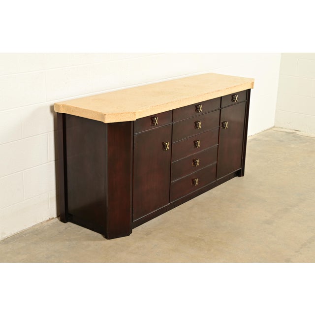 Paul Frankl Paul Frankl for Johnson Furniture Mid-Century Modern Hollywood Regency Mahogany Sideboard or Bar Cabinet | Circa 1950s For Sale - Image 4 of 15