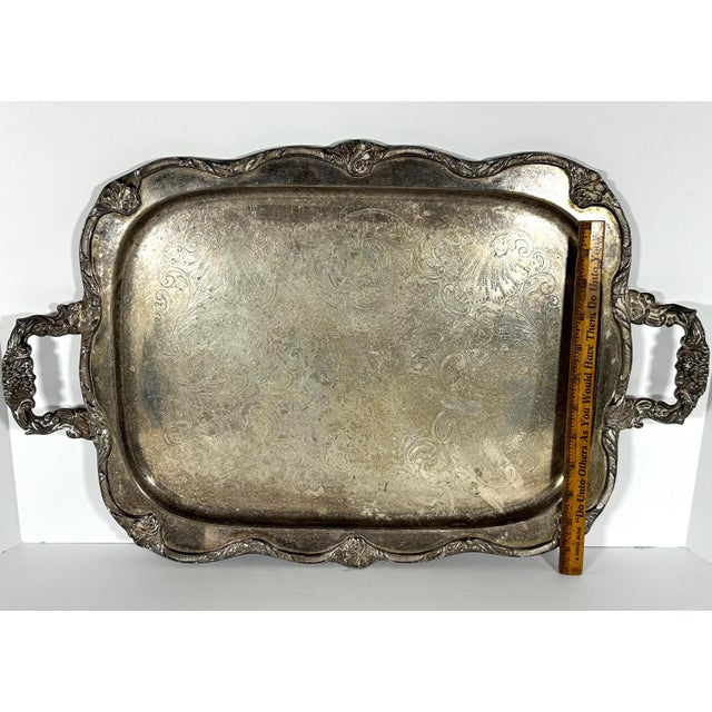 Mid 20th Century Victorian Silverplate Serving Tray: Etched Floral Cartouche, Decorative Handles For Sale - Image 10 of 10