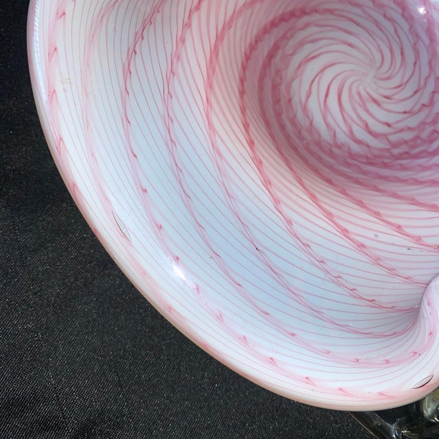 Pink Vintage Murano Art Glass Centerpiece Bowl Opalescent White W/ Pink Latticinio For Sale - Image 8 of 9