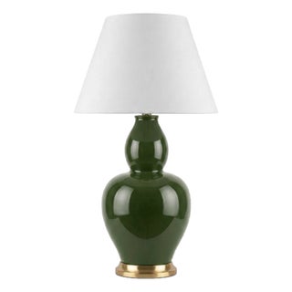 Matthew Izzo Home Iris Gourde Shaped Olive Green Ceramic Table With White Linen Drum Shade For Sale