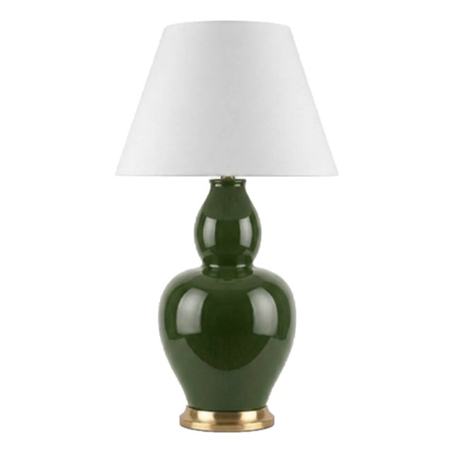 Matthew Izzo Home Iris Gourde Shaped Olive Green Ceramic Table With White Linen Drum Shade For Sale
