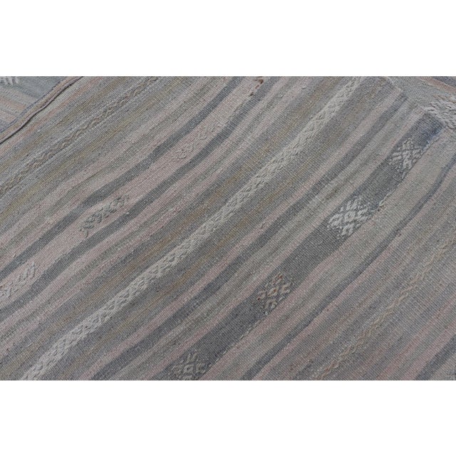 Soft-Toned Vintage Turkish Kilim Gallery Runner With Subtle Pastel Stripes and Geometric Accents 4'10"x14'5" For Sale - Image 4 of 10
