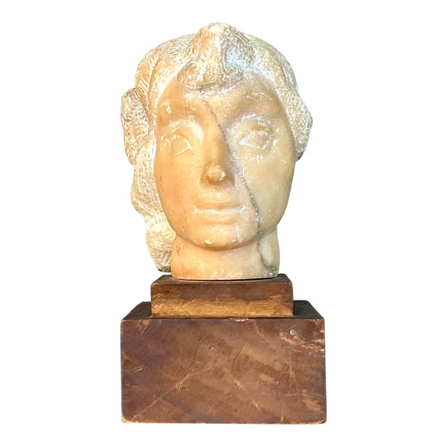 Mid 20th Century Vintage Boho Carved Stone Bust of Woman Sculpture For Sale