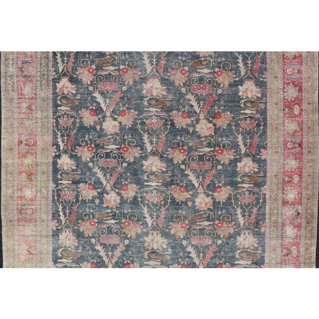 Early 20th Century Antique Persian Tabriz Rug With Brid Design in Blue 8'8 X 12' For Sale - Image 5 of 16