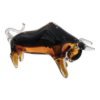 Murano-Style Amber and Black Blown Glass Bull Sculpture For Sale