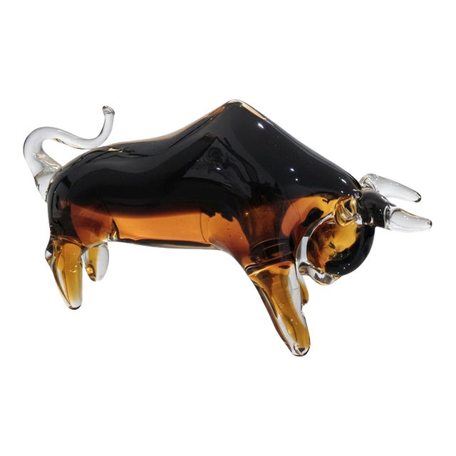 Murano-Style Amber and Black Blown Glass Bull Sculpture For Sale