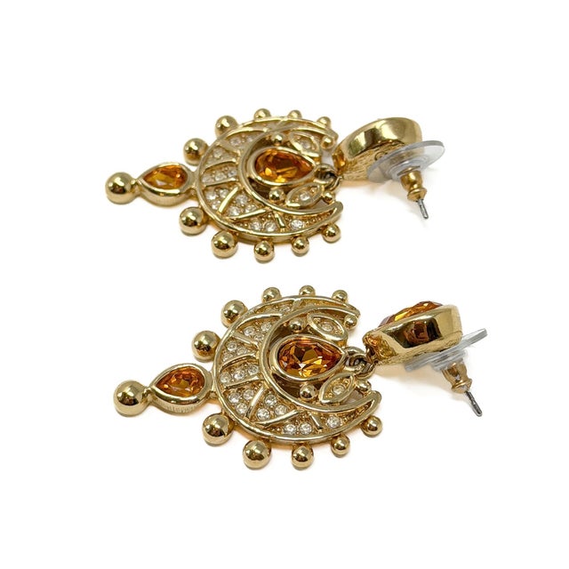 Glass Mughal Style Gold-Plated and Rhinestone Earrings from Christian Dior, Early 1990s, Set of 2 For Sale - Image 7 of 10