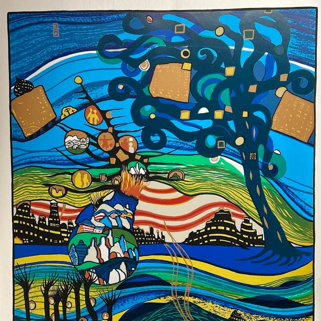 A lyrical, organic composition reminiscent of Hundertwasser’s "Spiral" aesthetic. This 1972 signed serigraph on silver...