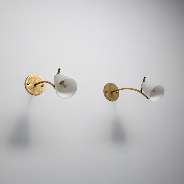 1950s Italian Brass Wall Sconces with Opaline Glass Conical Shades, 1950s, Set of 2 For Sale - Image 5 of 12