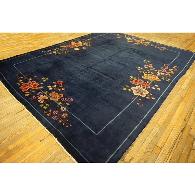 Art Deco 1920s Blue Navy Field Floral Antique Chinese Art Deco Carpet 9' X 11'4" Knotted Wool Rug For Sale - Image 3 of 15