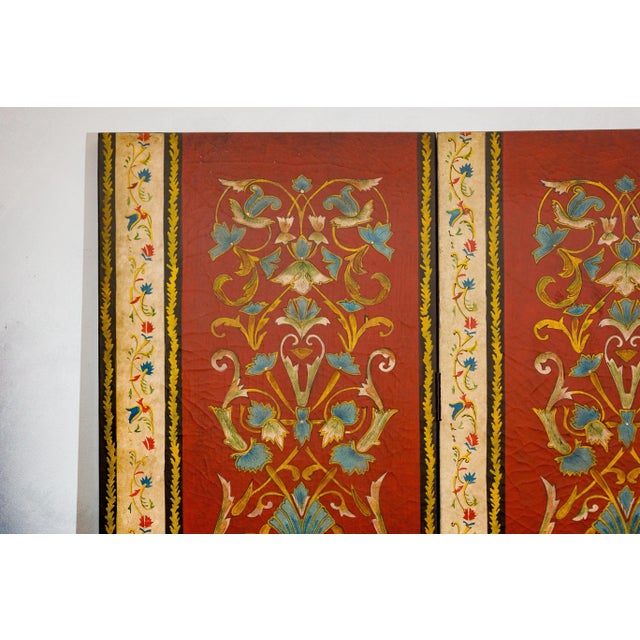 Chinese Four-Panel Red Lacquer Folding Screen with Hand-Painted Floral Scrollwork For Sale - Image 3 of 12