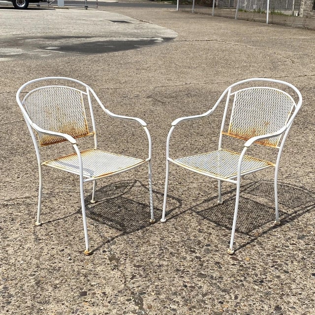 Mid-Century Modern Vintage Modern Wrought Iron Sculptural Outdoor Patio Stacking Arm Chairs - Set 4 For Sale - Image 3 of 10