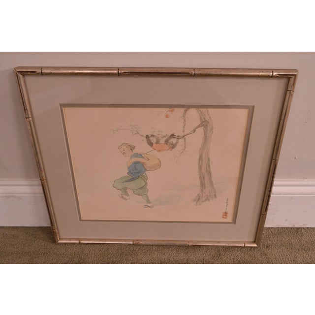 Vintage Chinese Man & Monkey Watercolor Drawing For Sale - Image 11 of 12